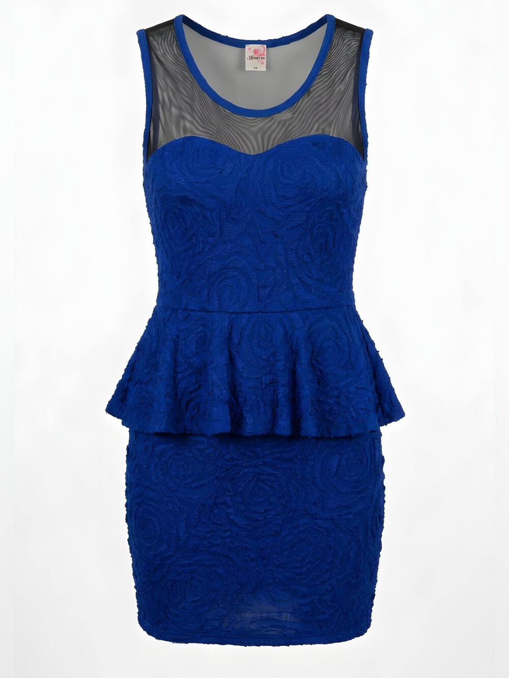 minerva M Medium Royal Blue Lace Peplum Mini Dress with Sheer Yoke